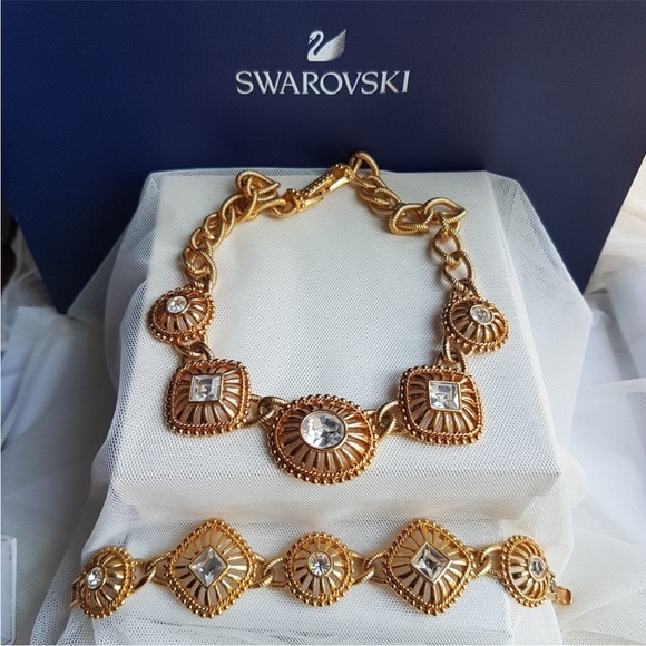 AUTHENTIC Swarovski 24k Gold Plated Chunky Statement Necklace Vintage RARE - Picture 3 of 15